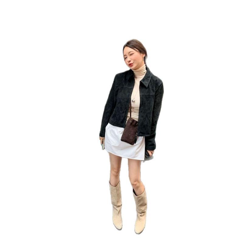 Women S Short Faux Suede Zip Up Stand Collar Jacket Casual Outerwear