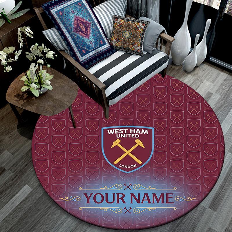 Custom Name West Ham United Round Area Rug,Carpet Rug for Living Room Bedroom Sofa Playroom Decor,Non-slip Floor Mat