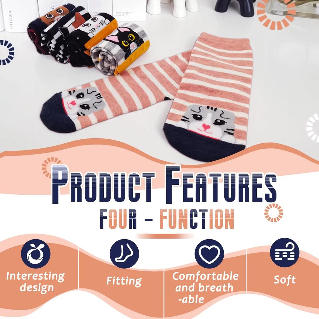 Botvotee 5 Pairs of Cute Cat Socks Women Cartoon Animal Crew Socks Fun Kitten Cotton Socks Gift Colorful Casual Sock Set