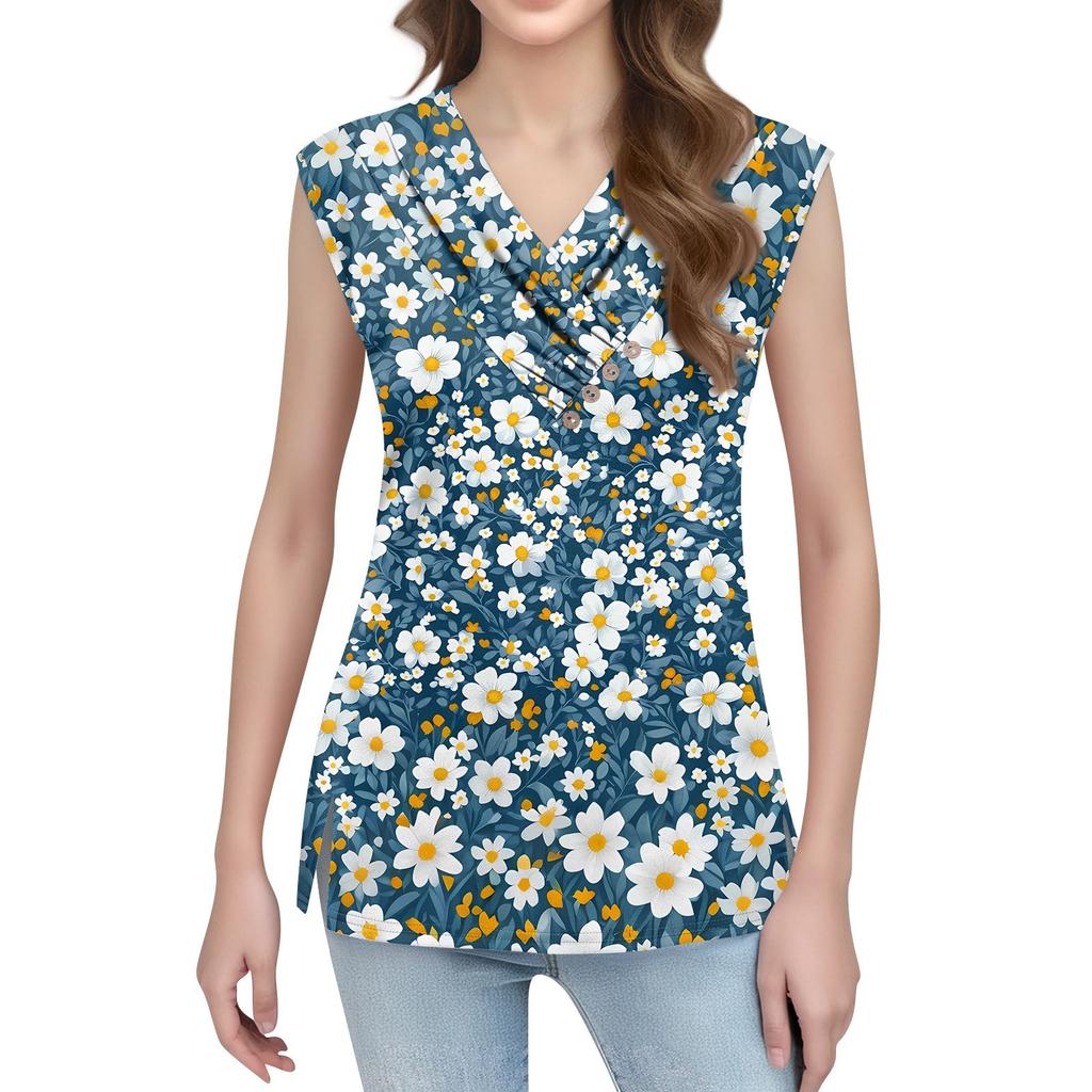Women's Print Tank Top Button-down V-neck T-shirt Sleeveless Loose Fashion Top