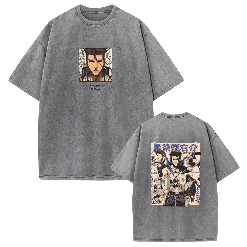 BLEACH Aizen Sousuke T Shirt Vintage Trendy Washed Tshirt Men Unisex Clothing Summer Short Sleeve Oversized Cotton Streetwear