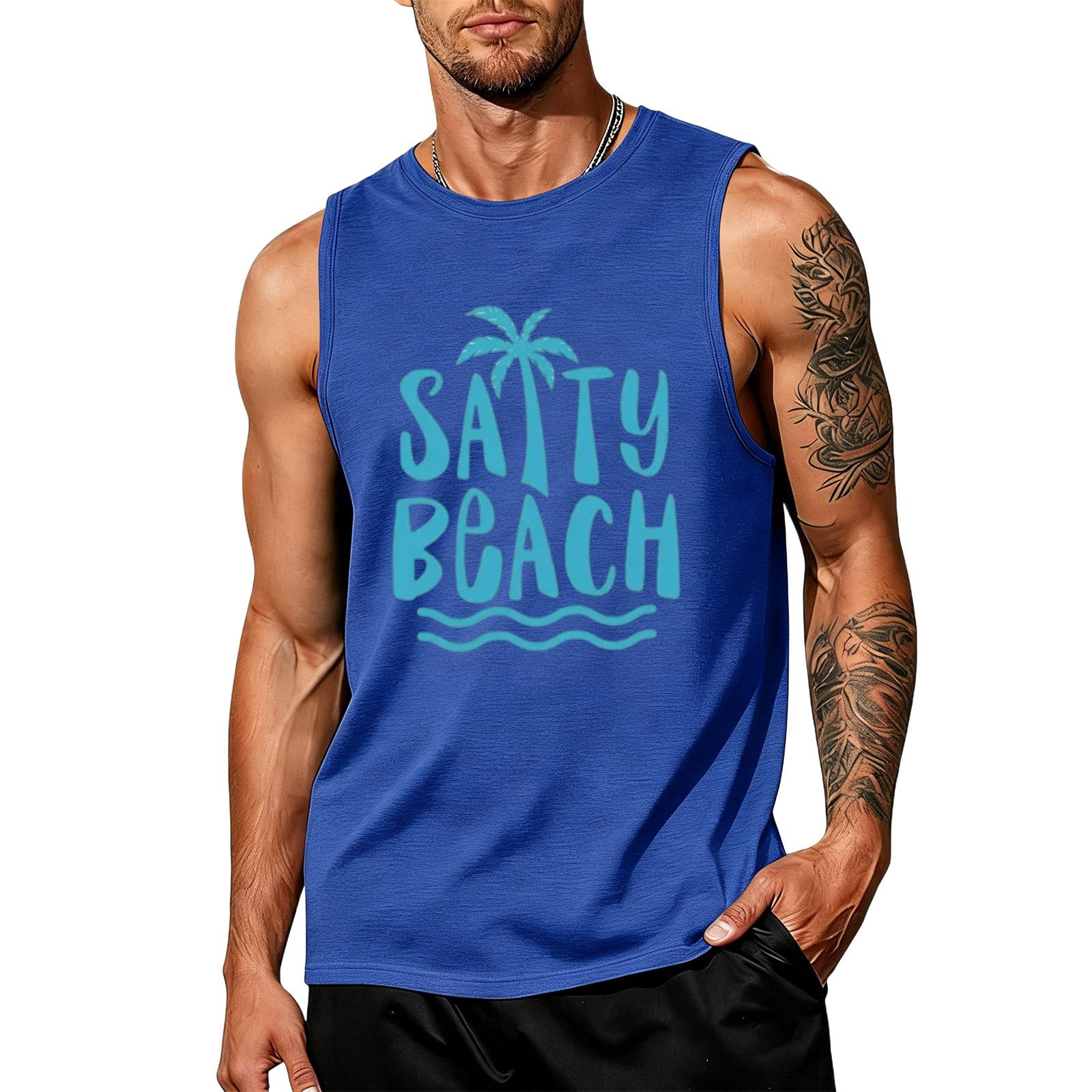 

Mens Sleeveless Tank Top Crew Neck Muscle Tee Loose Fit Casual Shirt Tree Letter Print Soft Fabric Lightweight Summer Vest S синій