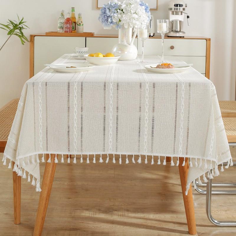 Nordic Style Cotton Linen Tablecloth With Fringe Tassels Woven Stripe Rectangular Dining Table Cover Christmas Home