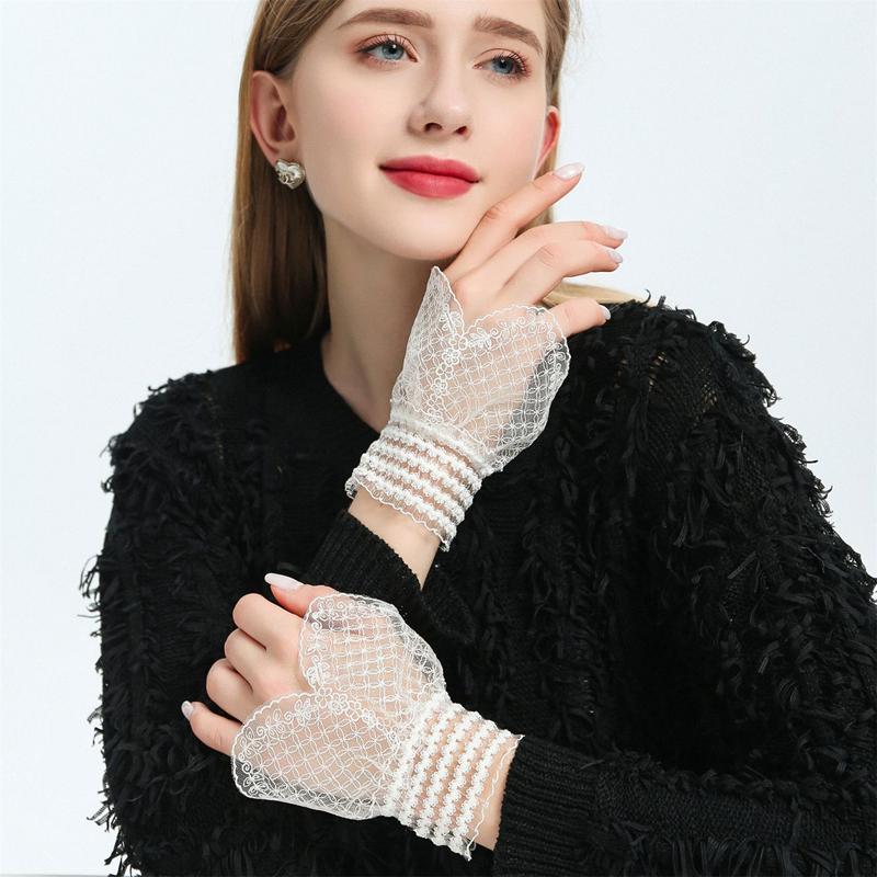 White Mesh Bow Romantic Lace Ruffle Hand Sleeves Sweet Detachable Sweater Blouse Coat Decoration Fake Cuffs Elastic Horn Cuff