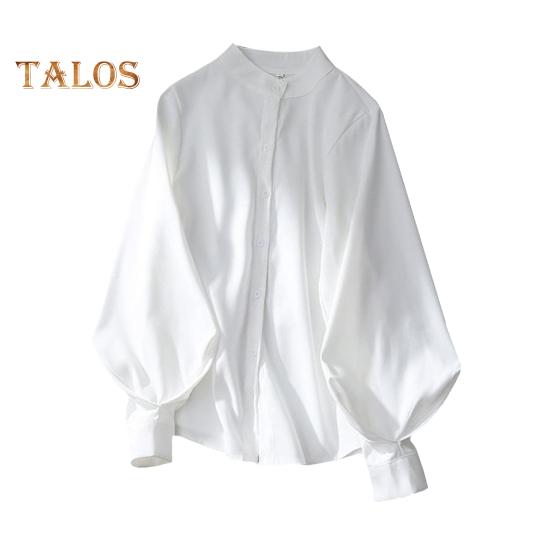 Damen Hemd Stehkragen Laterne Langarm Einfarbig Hemd Lockere Passform Einreihig Büro Dame Hemd