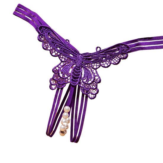 Sexy Hollow Out Butterflies Shape Thong Low-rise Massage Faux Pearls Crotch See-through Briefs Solid Color