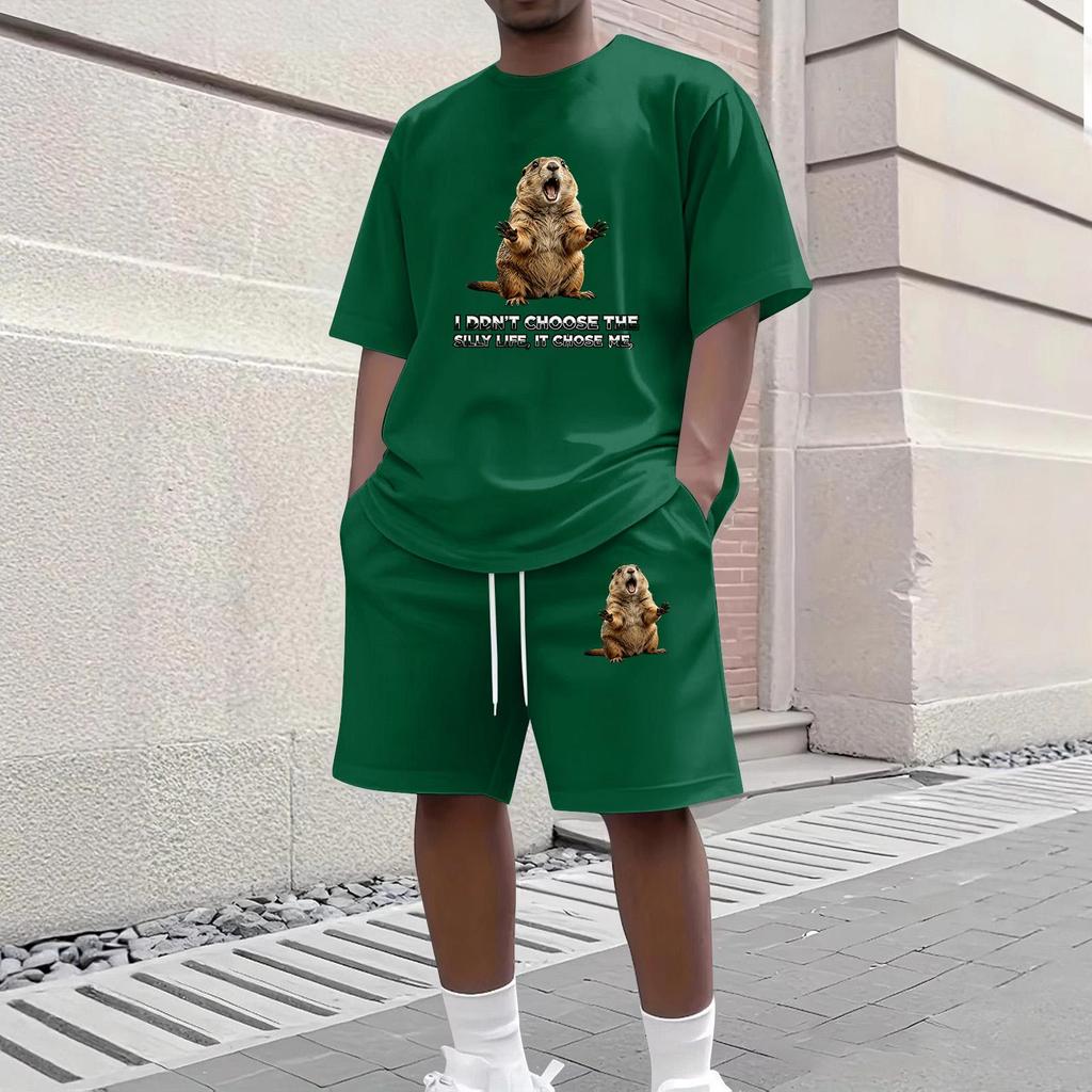 Men's Casual Two Piece Set Short Sleeve Crew Neck T Shirt and Shorts with Animal Print Loose Fit Summer Outfit Comfortable Daily Wear