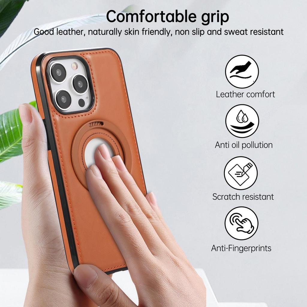 Apple 15 Pro Max Magnetic Leather Case with Wireless Charging and Stand Ring for 16 Plus.