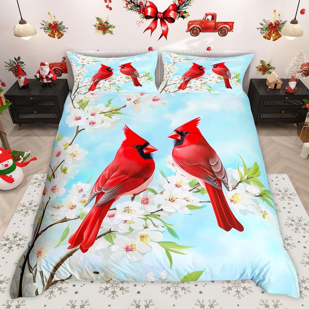 Homewish Wild Cardinal Bird Duvet Cover Set Merry Christmas Xmas Bed Set Snow Cherry Blossoms Quilt Cover Set
