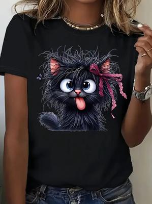 Damen Lustiges gebratenes Katzen-Cartoon-T-Shirt mit verspielter Schleife Schmetterlingsdruck Damen Lässiges Kurzarm-T-Shirt Kleidung Top Tee