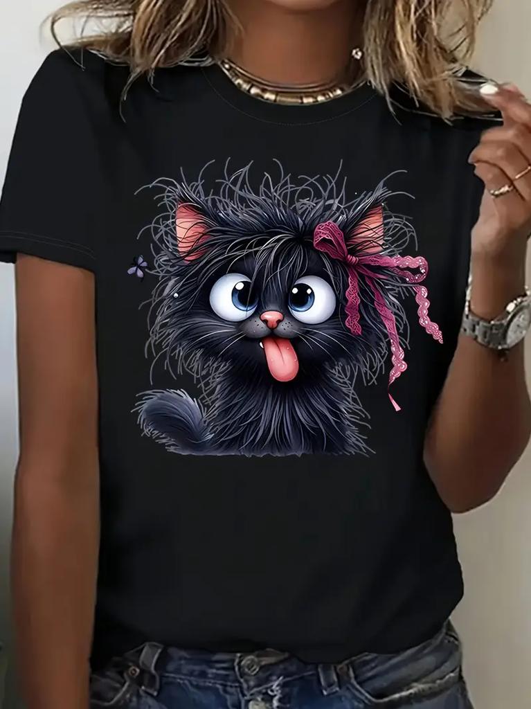 Womens Funny Fried Cat Cartoon TShirt with Playful Bow Butterfly Print Womens Casual Short Sleeve T Shirt Clothing Top Tee
