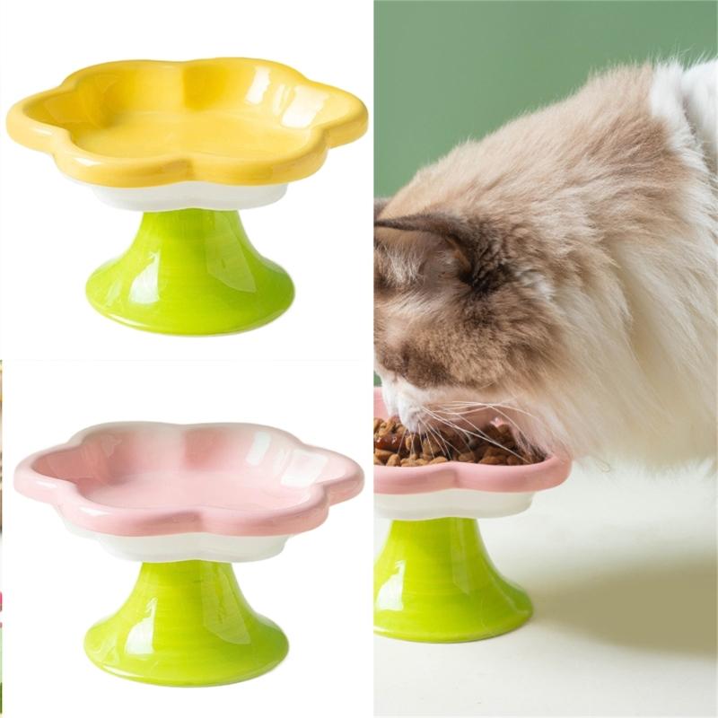 Ceramic Pet Bowl Flower Shape Cats Food Dish Nonslip Elevated Stand Feeding Plate for Neck Protections and Easy Cleaning