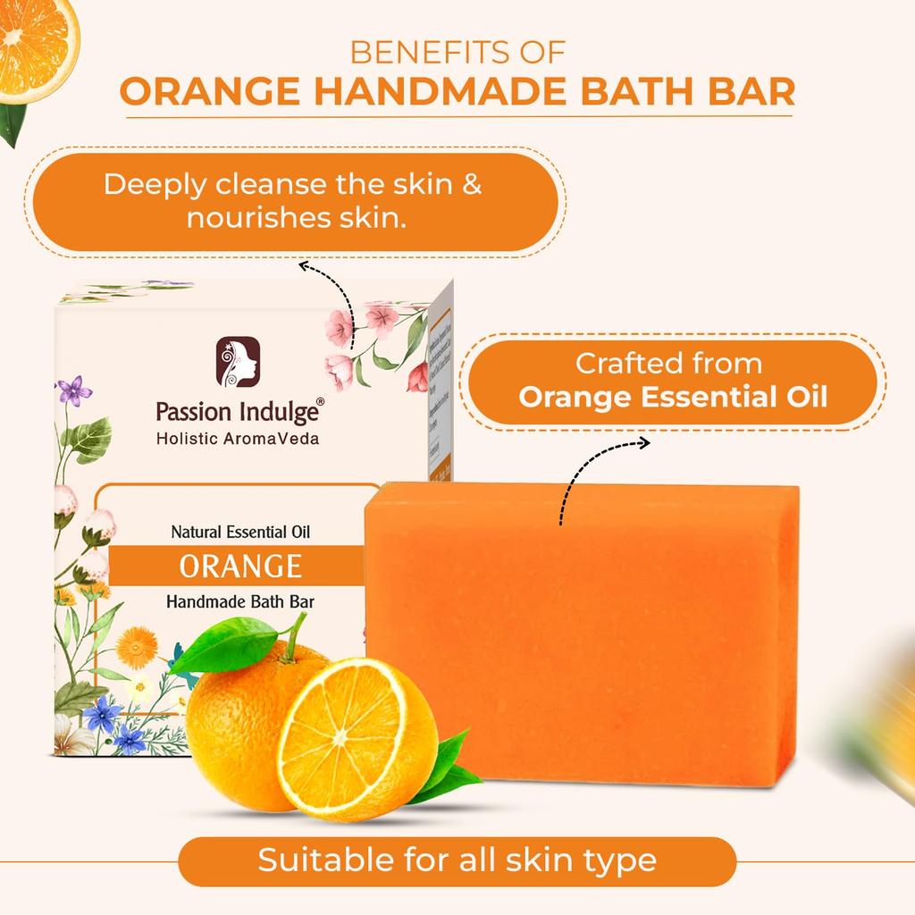 Passion Indulge Natural Handmade Orange Bath Bar Soap (Pack of 3) | Orange Essential Oil & Natural Oils | Moisturizing, Refreshing & Gentle Cleansi