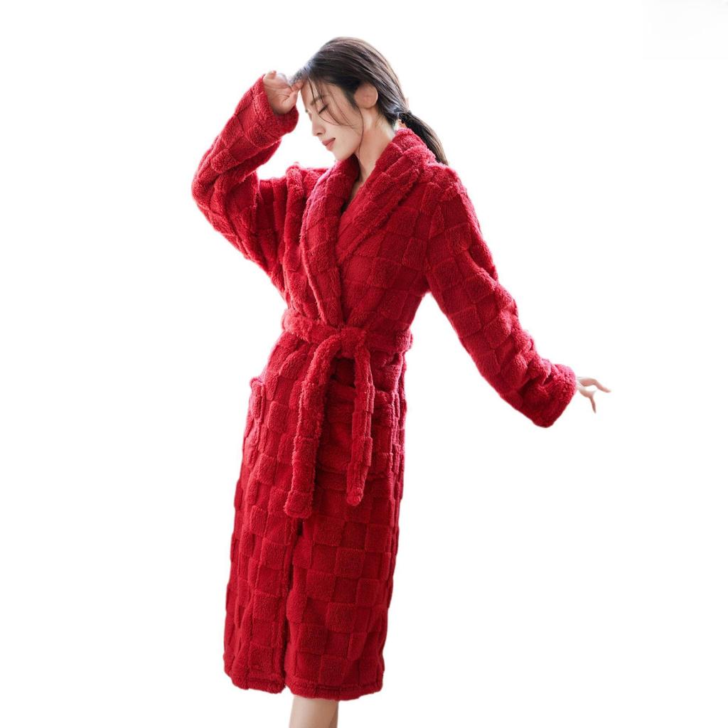 Checkered Jacquard Unisex Long Nightgown Cardigan Bathrobe - Cozy Cotton Velvet for Autumn/Winter