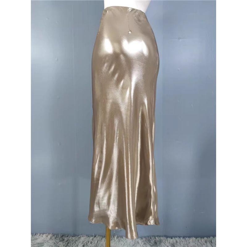 Export Single H Home High Waist Slim Looking Beautiful Sheath A- line Bright Silk Elegant Stylish Shiny Midi Skirt Mermaid Dress