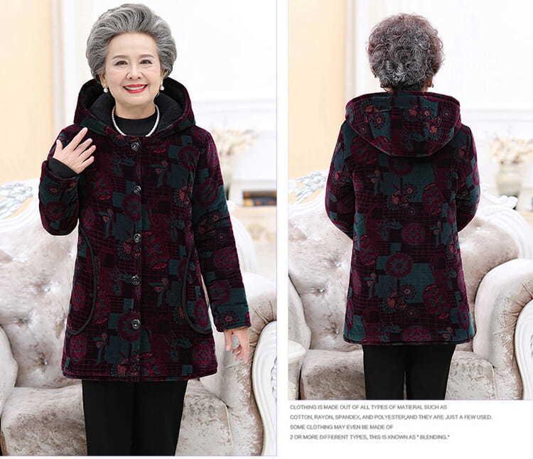 Elderly Women's Cotton-Padded Winter Jacket - Thickened Velvet Coat for 70-Year-Olds