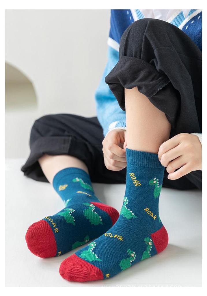 Boys' Cartoon Dinosaur Pure Cotton Mid-Calf Socks, Spring/Autumn, A-Class, for Babies and Children.