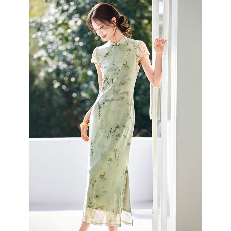 Mohan Yimei New Chinese Style Elegant Mesh Slit Qipao Dress