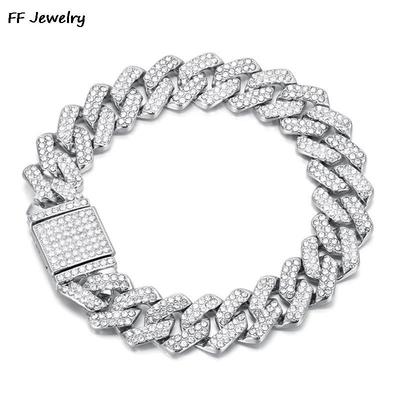 14mm Hip Hop Shiny Cuban Link Chain Bracelet Women Men Gold Color Rhinestone Iced Out Chain Bracelets Punk Wristband Men Jewelry