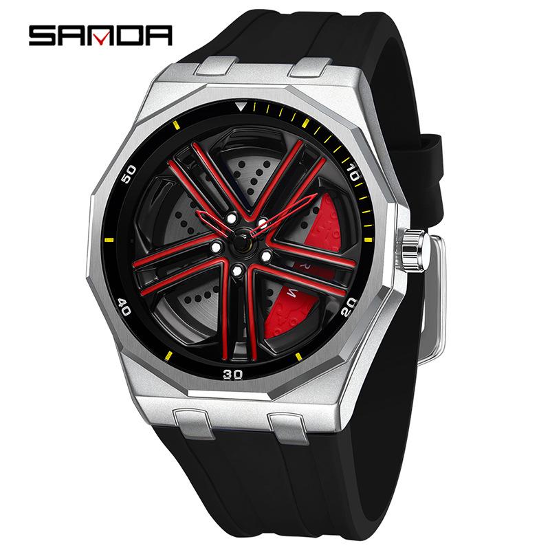 Sanda Men's Waterproof Alloy Car Wheel Design Silicone Wristwatch