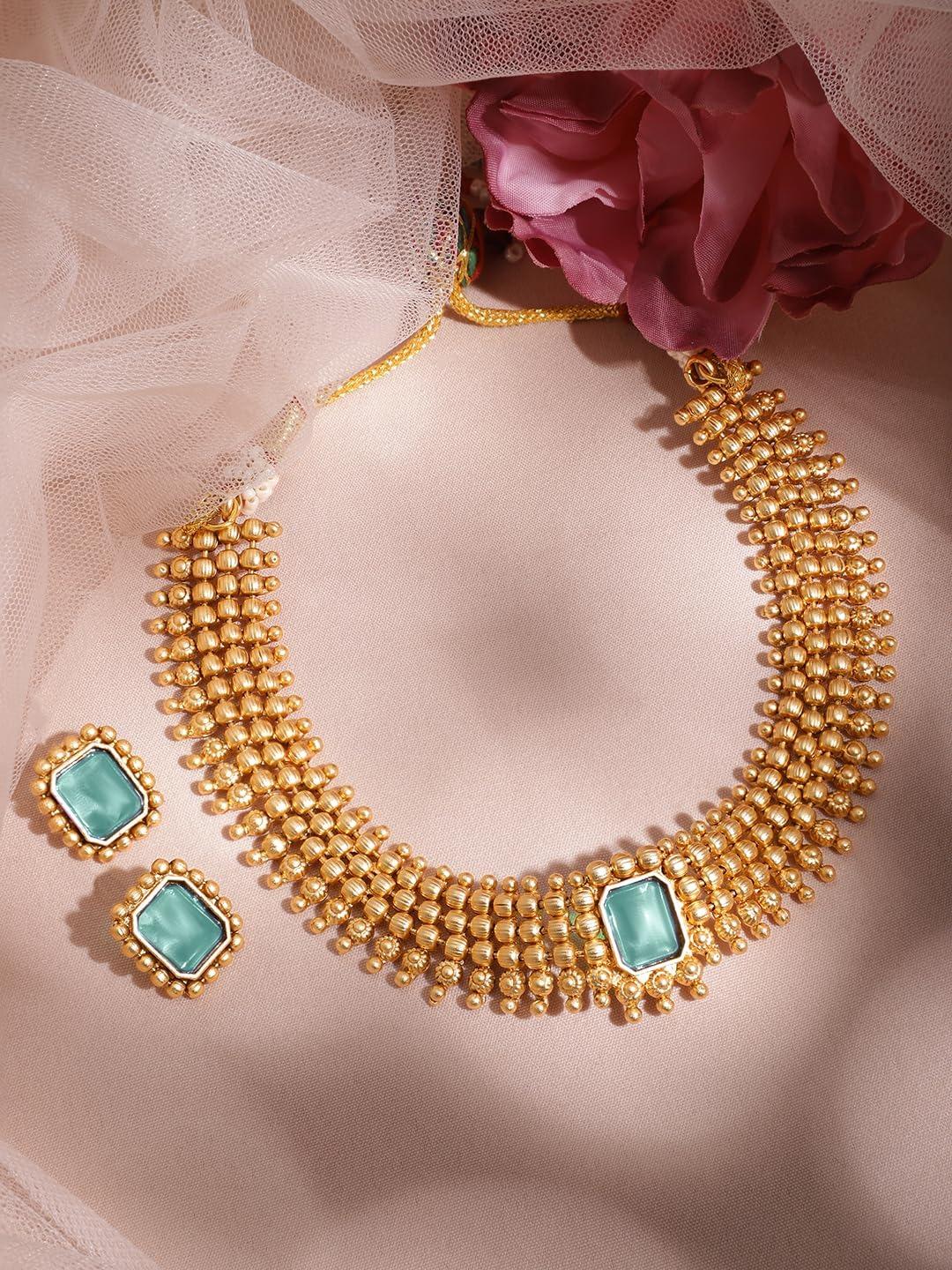 

Women s 22K Gold-Plated Ruby/Blue Stone Studded Choker Necklace Set With Gold Beads Onesize