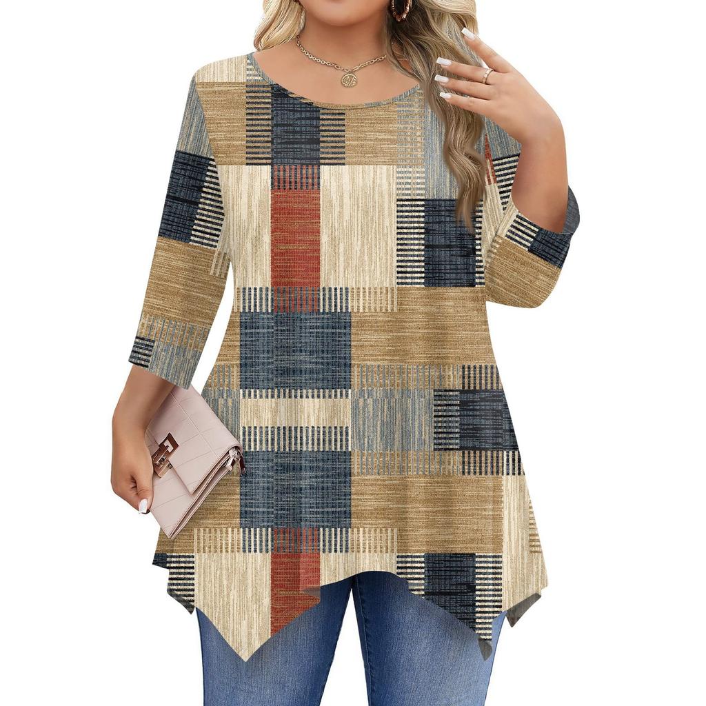 Womens Plus Size 3/4 Sleeve Shirts  Round Neck Tunic Tops Basic Loose Fit Tee Tops L-5XL