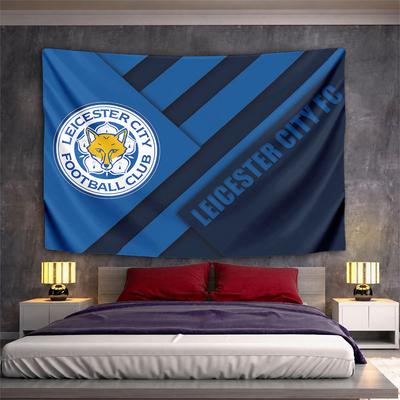 Diagonal Blue Layers with Leicester City FC Logo Featuring a Fox. Patterned Tapestry for Bedroom and Living Room Home Decor