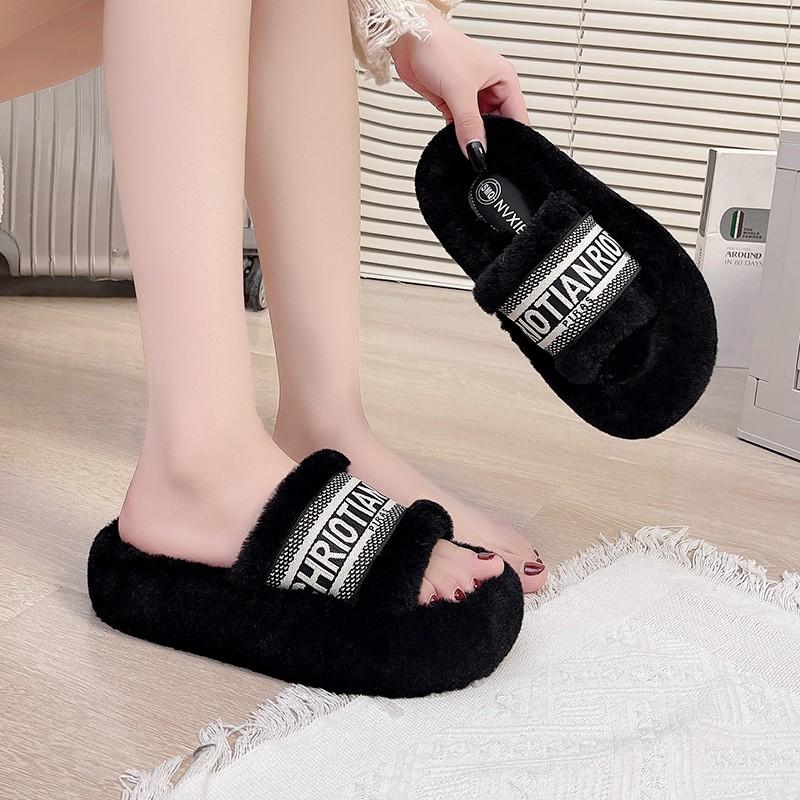 Fashion 2025 High Quality Ladies Platform Slippers Fashion Letter Flip Flops High Quality Lightweight Height Increasing Cotton Slippers