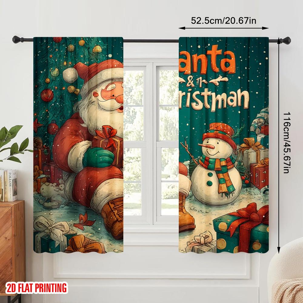 2pcs,2D plane printing Curtain Popular Santa Claus and the Snowman Versatile Polyester Fabric (without rod) Gifts Use for
