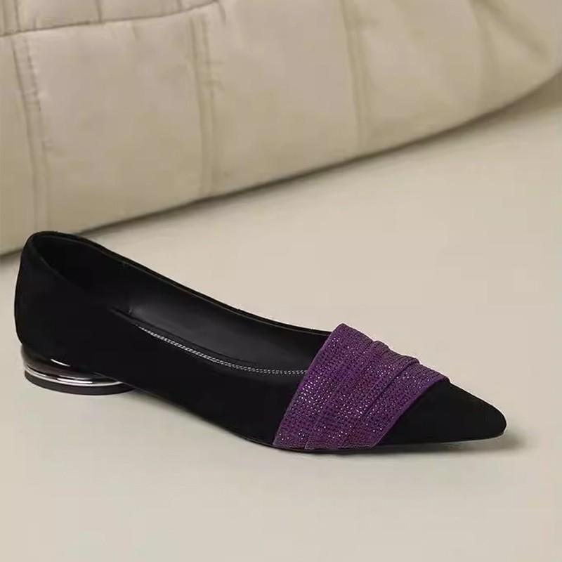 European Station 2025 Spring and Summer New Temperament French Pointed Rhinestone Low Heel Word with Shallow Mouth Versatile Single Shoes Women