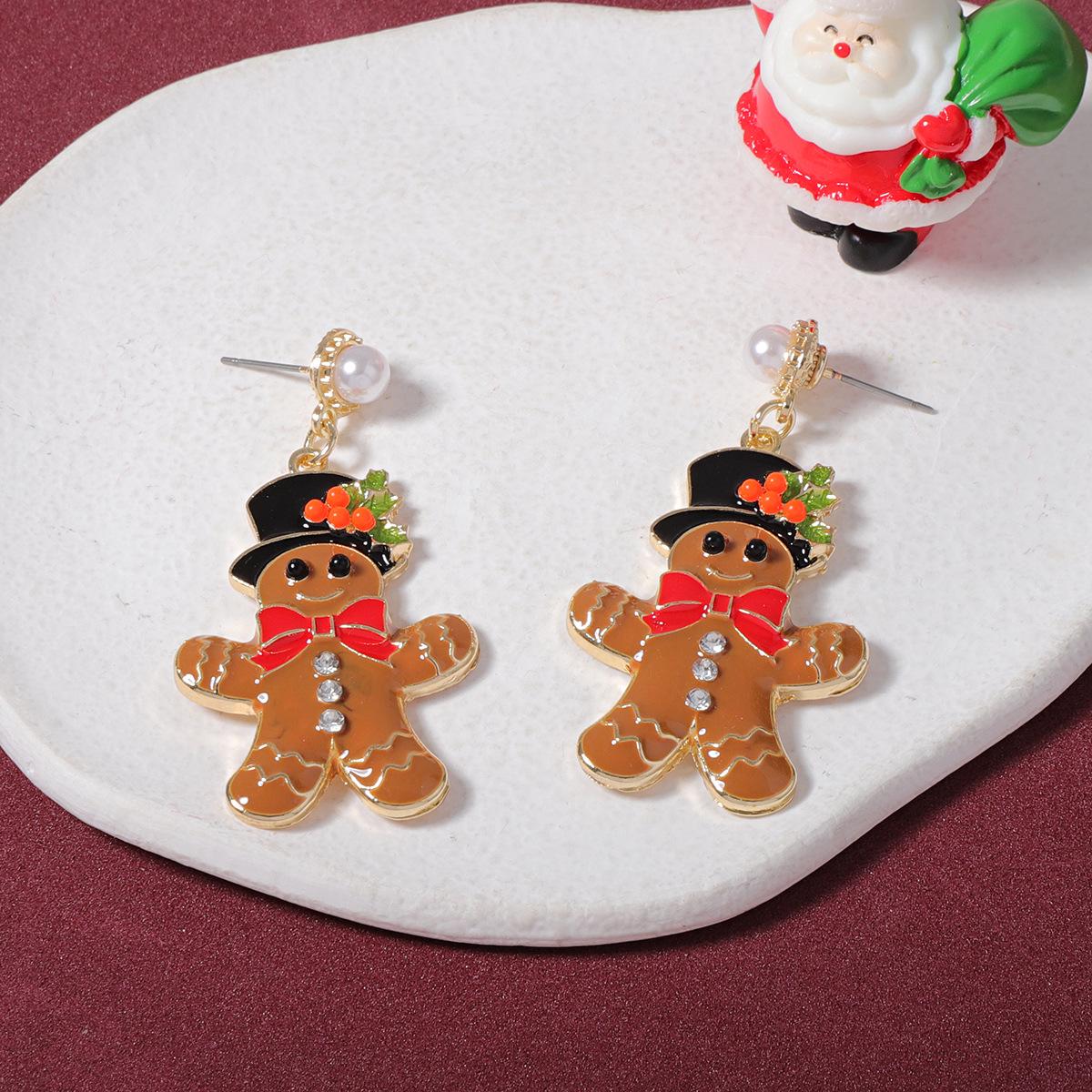 Festive Gingerbread Man Earrings - Creative and Cute Christmas Design with Cartoon Drip Oil Alloy and Hat.