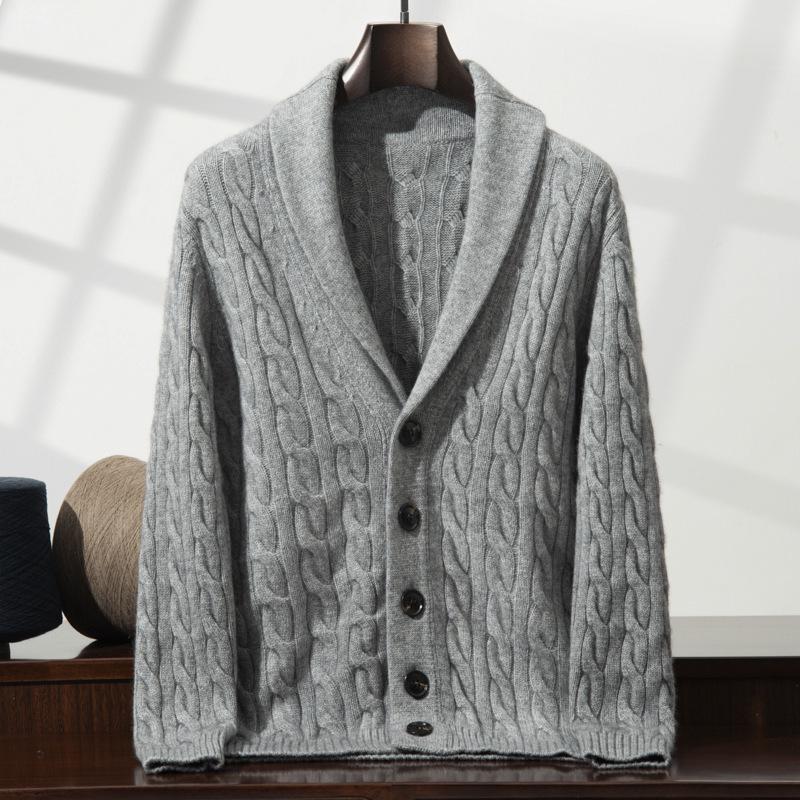 Men's Soft Cashmere Cardigan: Skin-Friendly, Thick Cable Knit, Shawl Collar Sweater.