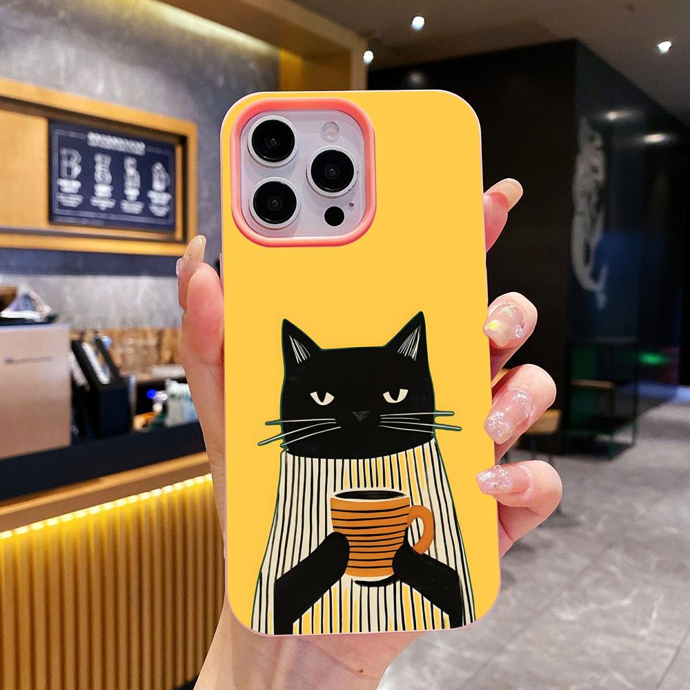 Cute Coffee Cat Jelly Double Layer Pink Mobile Phone Case for iPhone 17 16 15 14 13 12 11 Air Pro Max Plus Protective