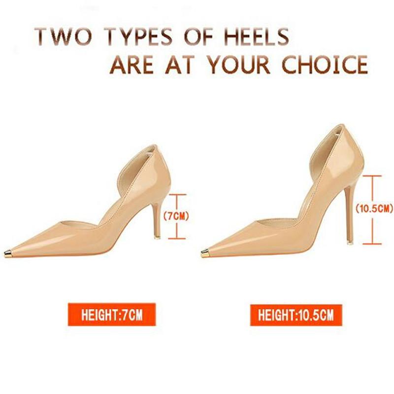 Fashion Women Classic 7cm 10.5cm High Heels Sexy Club Metal Cap Toe Pumps Lady Fashion Orange Red Kitten Low Heels Glossy Leather Shoes