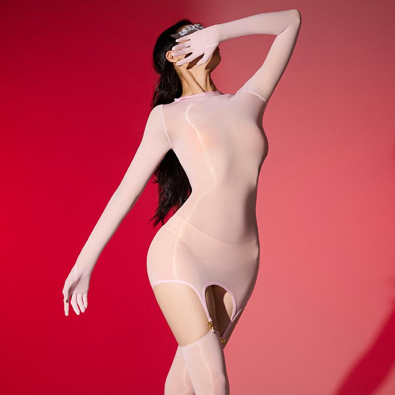 Sexy Women Oil Glossy Shiny Sheer Five Fingers Bodysuits Ultra-Thin Garter See Through Hollow Stockings Tights Underwear Leotard