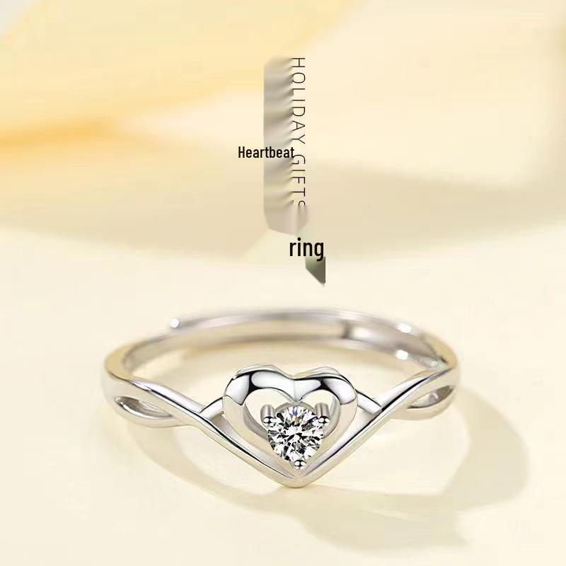 Korean Style Fashion Hollow Double Love Heart Inlaid Diamond Open Ring for Women