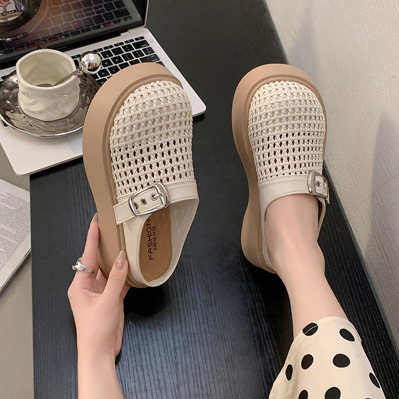 Muffin Platform Loafers Women's New Spring and Summer Explosion Retro Woven Bag Head Half Slippers Small Sandals