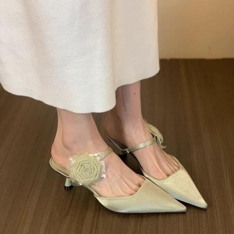 Women's Flower Slippers Pointed Toe Thin Heels Satin Cover Toe High Heel Dress One Kick Mature Elegant Zapatillas De Mujer