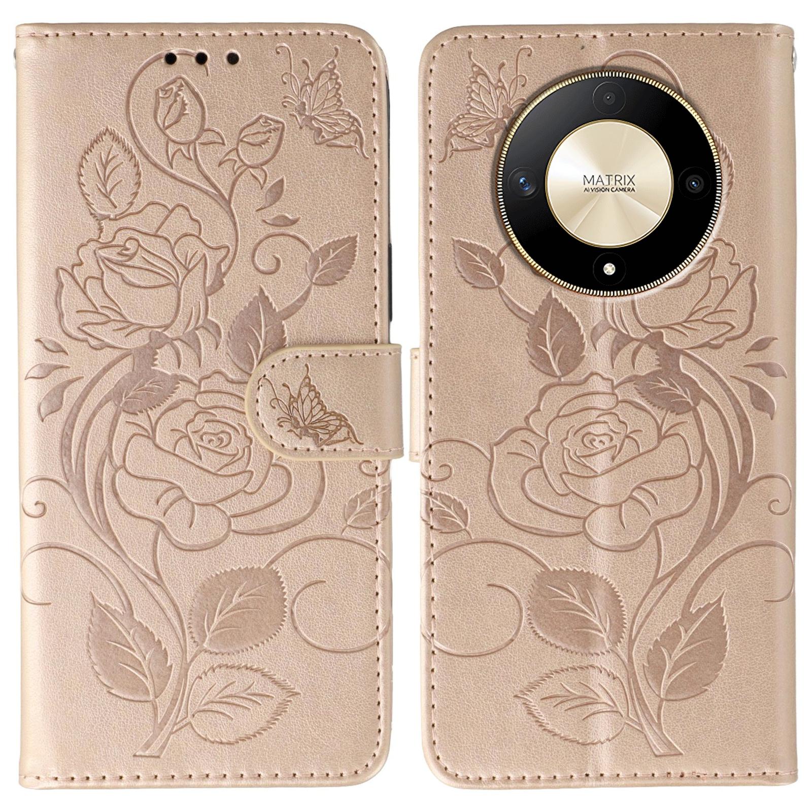 

Phone Case For Honor Magic6 Lite 5G/X50 5G/X50 GT 5G/X50 Pro 5G/X9b 5G Wallet Stand Imprinted Rose Butterfly PU Leather Cover Rose Gold