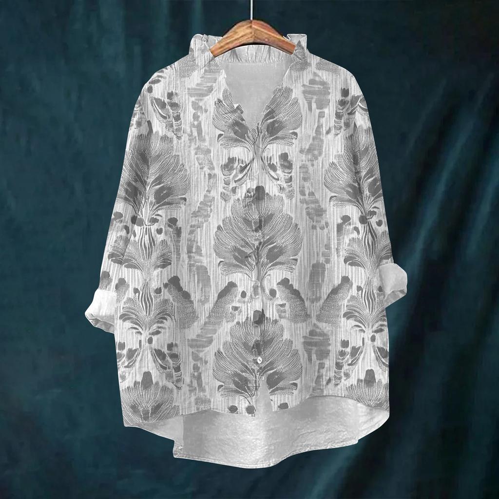 Women's Loose Ruffled Retro Floral Print Stand Collar Long Sleeve Cotton And Linen Top