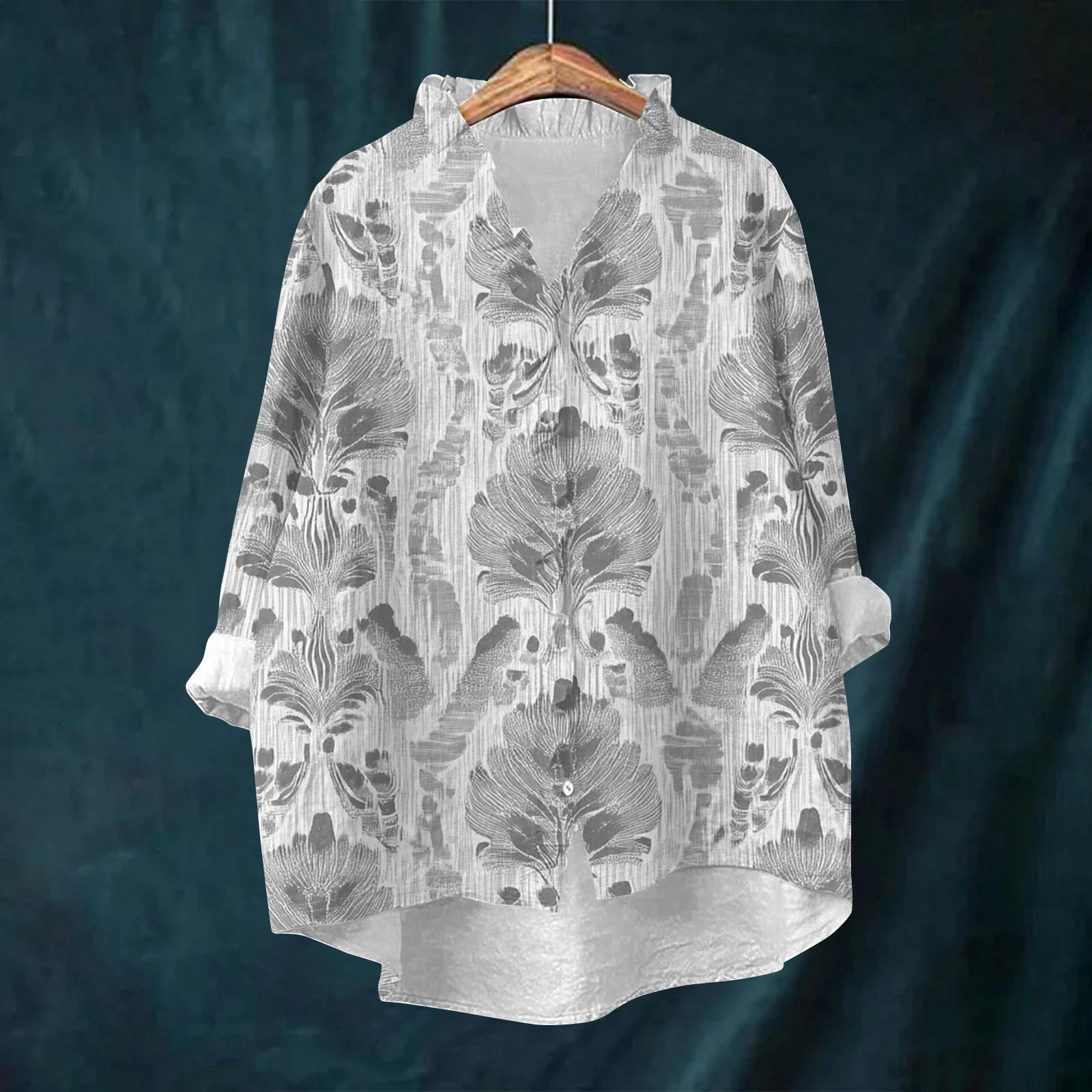 

Women s Loose Ruffled Retro Floral Print Stand Collar Long Sleeve Cotton And Linen Top L