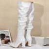 Winter Fashion White Pleated Women Over-the-Knee Boots Sexy Pointed Toe Square Heels Ladies Long Zipper Female Shoes Size 35-42