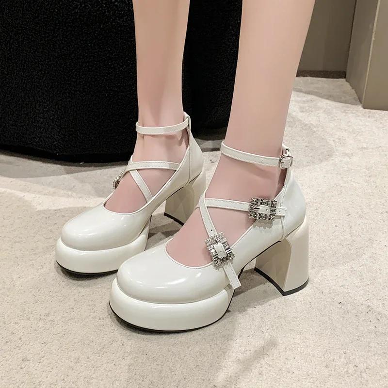 2024 New Hot Selling Solid Color Fashionable Square Heel Rhinestone Buckle Women's Heeled Single Shoes Banquet Party Zapatos