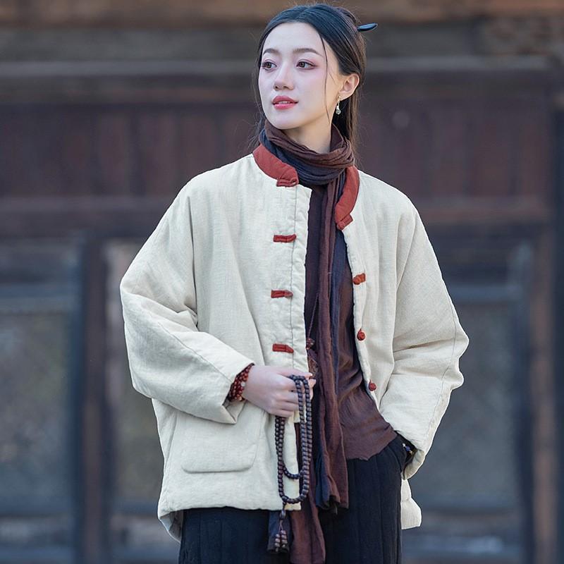 Johnature Chiński Styl Patchwork Kolor Zima dla Kobiet Stójka Guzik Ciepłe Płaszcze Kieszenie Płaszcze