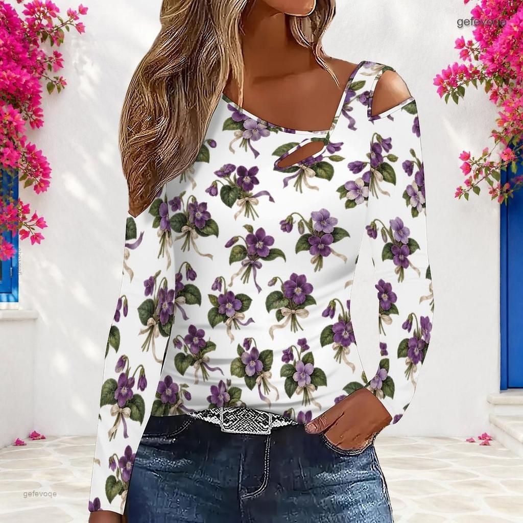 Women Plus Size White Asymmetric Cutout Neck Cold Shoulder Long Sleeve Floral Printed Fitted Top