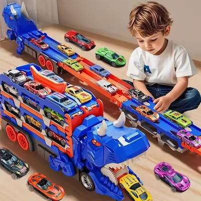 Hračky nákladní auto na přepravu dinosaurů s 12 lisovanými závodními auty, Transformující se auto dinosaurus s rukojetí, Dárek pro kluky a holky ve věku 3-5 let