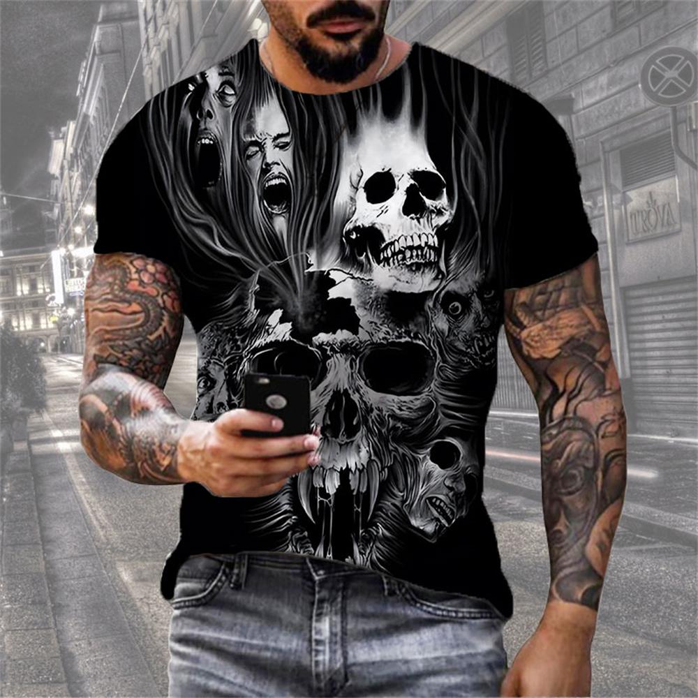 New Men's T-Shirts 3D Skull Printed Black Streetwear Short Sleeve Round-Neck Horror Halloween Man Tops Loose Fashion Gothic Tees