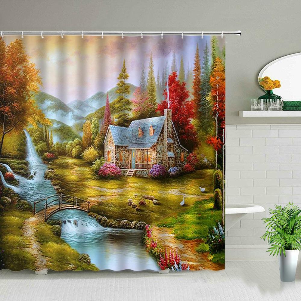 Forest Landscape Shower Curtains Green Tropical Plant Palm Tree Flower Leaves Garden Natural Scenery Bathroom Decor Bath Curtain