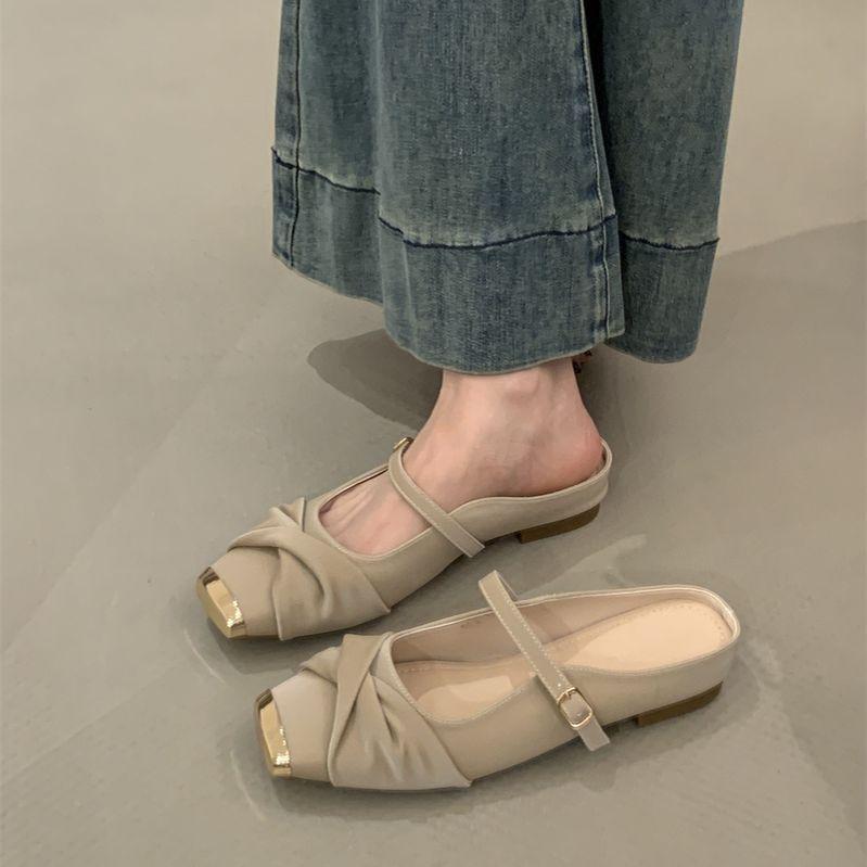 Metal Square Head Flat Heel Half Drag 2025 Spring Bag Head Soft Leather Soft Sole Slippers Women Wear One Word with Mary Jane Shoes