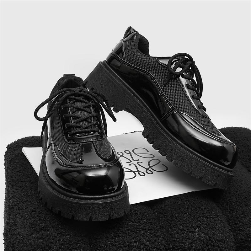 Fashion Solid-Color Patent Leather Mesh Men's Lace-Up Casual Shoe Comfortable And Durable Walking Shoe Breathable Round-Toe Travel Shoes